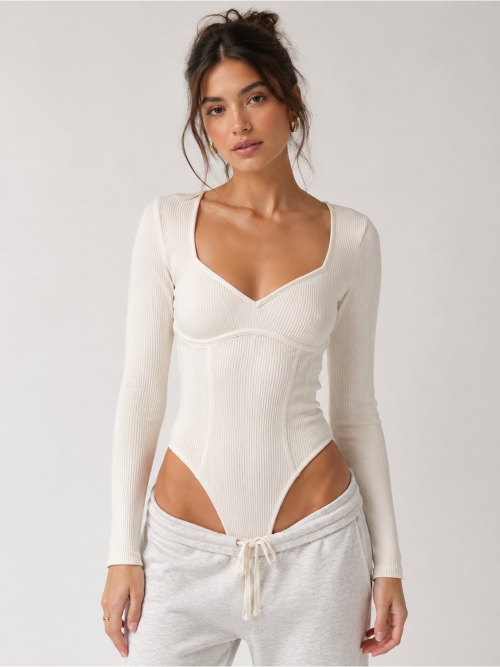 Abercrombie Cream Ribbed Sculpting Bodysuit Clean Girl Pilates Thick cotton Chic